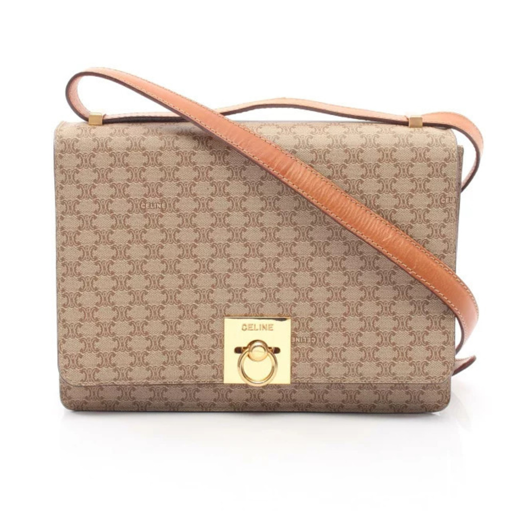 Celine Triomphe Shoulder Bag Canvas Leather Beige Cream Brown